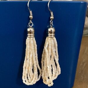 Elegant Cream Beaded Tassel Earrings